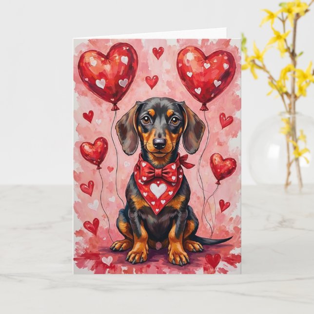 Tarjeta Dachshund Valentine’s Day Dog with Hearts Red (flor amarilla)
