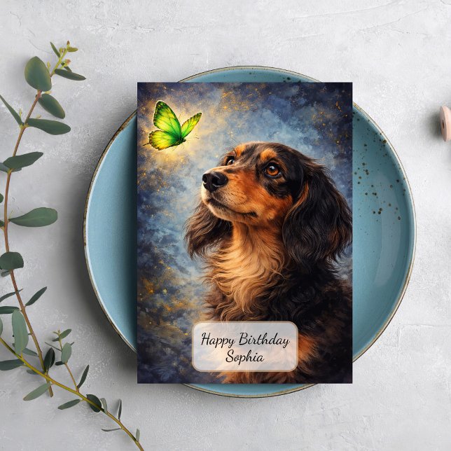 Tarjeta Dachshund y Mariposa Verde (Subido por el creador)