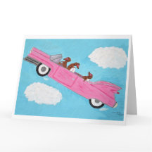 Dachshunds en convertible rosa en el cielo