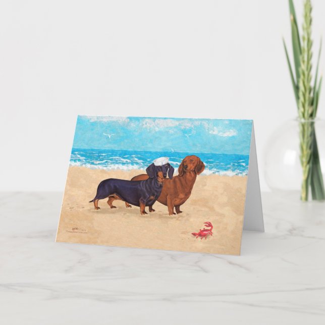 Tarjeta Dachshunds en la playa (Anverso)