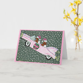 Tarjeta Dachshunds en Navidad en un convertible rosa