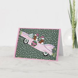 Tarjeta Dachshunds en Navidad en un convertible rosa