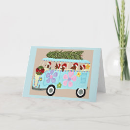 Tarjeta Dachshunds en su camioneta hippie de Navidad