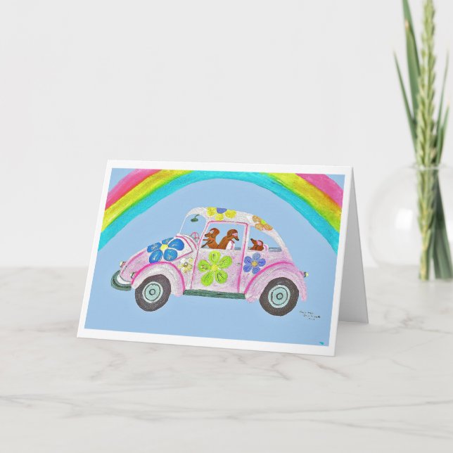 Tarjeta Dachshunds en un auto hippie bajo un arcoíris (Anverso)