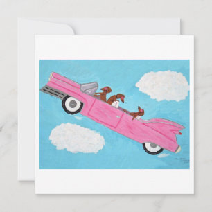Tarjeta Dachshunds en un convertible rosa en el cielo