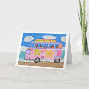 Tarjeta Dachshunds hippies en una furgoneta de niño flor e