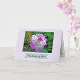 Tarjeta Dahlia Rosa y Blanca/Feliz Cumpleaños, Amigo Mío