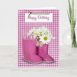 Tarjeta Daises de cumpleaños en botes rosados