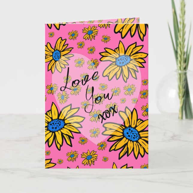 Tarjeta Daisies amarillo rosa azul San Valentín corazón de (Anverso)