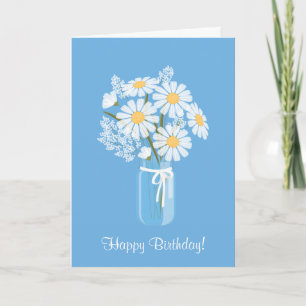 Tarjeta Daisies blancos Mason Jar en azul feliz cumpleaños