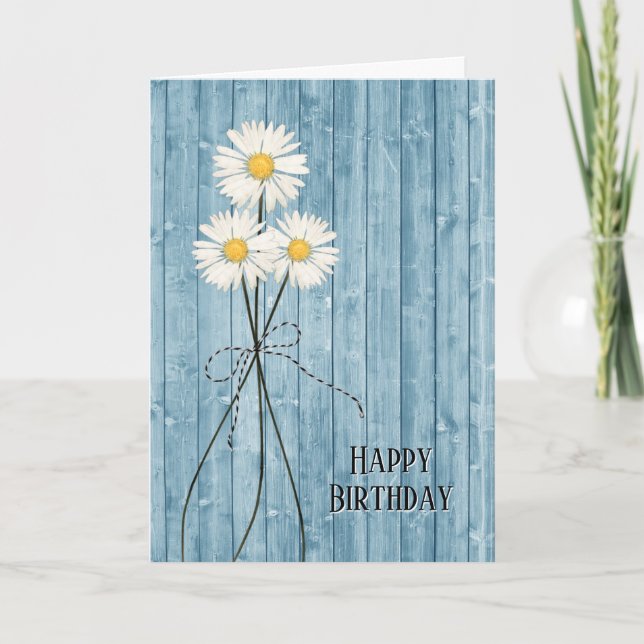 Tarjeta Daisies De Cumpleaños En Madera Azul (Anverso)