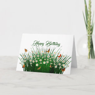Tarjeta Daisies Green Grass Naranja Butterflies Cumpleaños