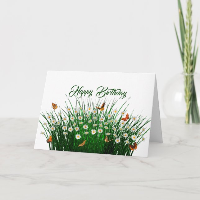 Tarjeta Daisies Green Grass Naranja Butterflies Cumpleaños (Anverso)