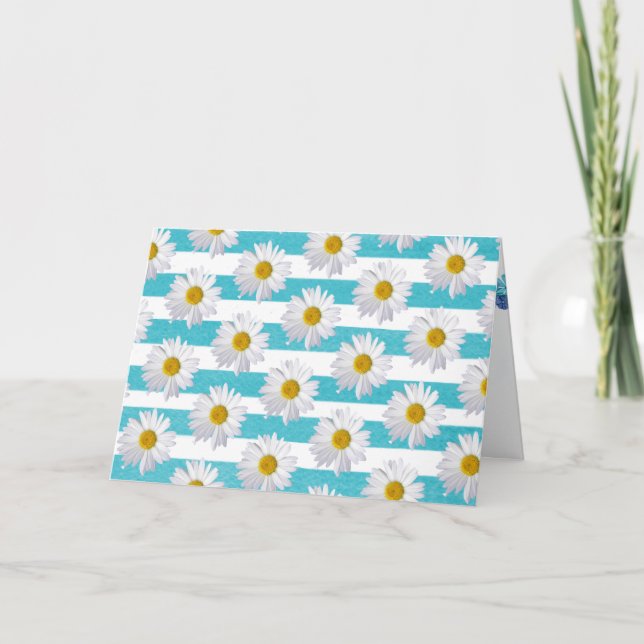 Tarjeta daisy blancas de cumpleaños sobre franja aqua (Anverso)