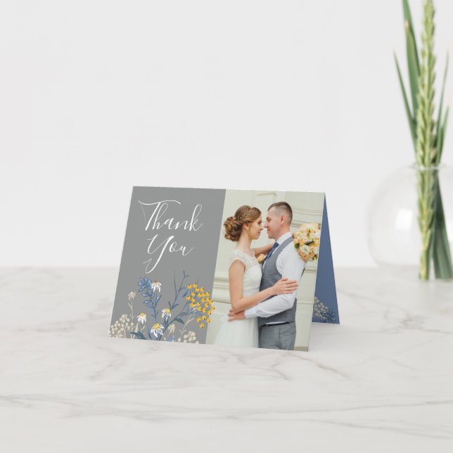 Tarjeta Daisy botánico Boda amarillo y azul Gracias (Anverso)