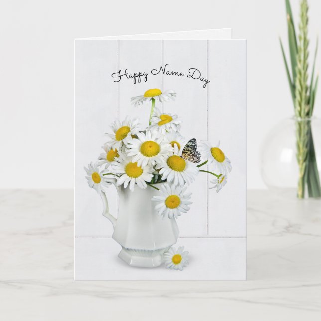 Tarjeta Daisy bouquet con nombre de mariposa Día (Anverso)