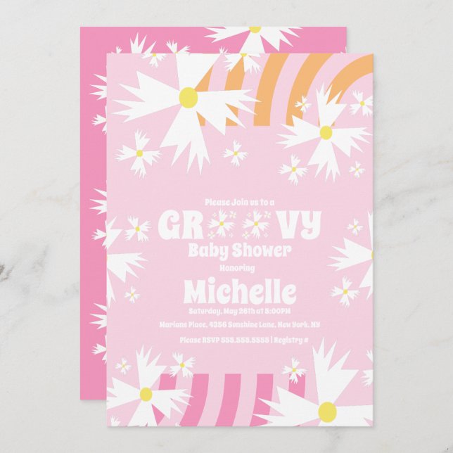 Tarjeta Daisy Flower Groovy Baby Shower Naranja rosa I (Anverso / Reverso)