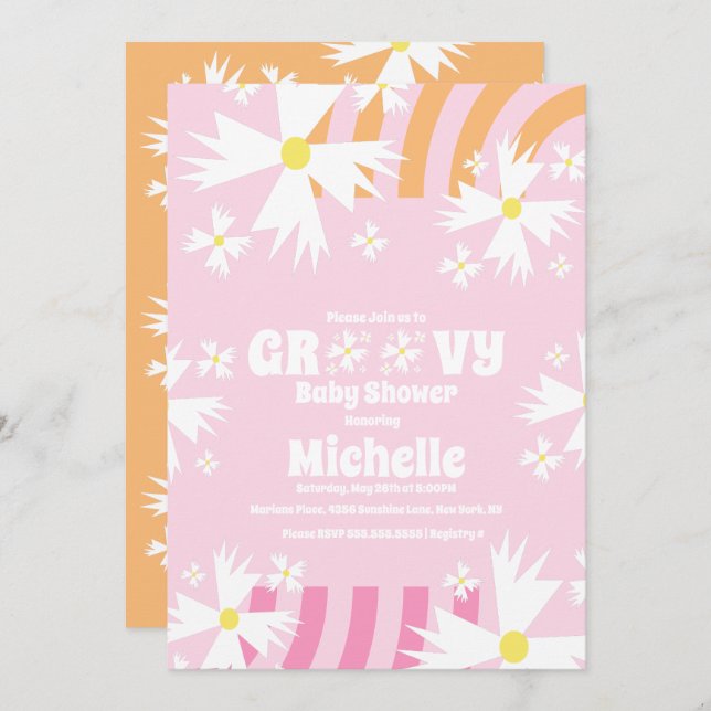 Tarjeta Daisy Flower Retro Way Two Groovy Baby Shower (Anverso / Reverso)