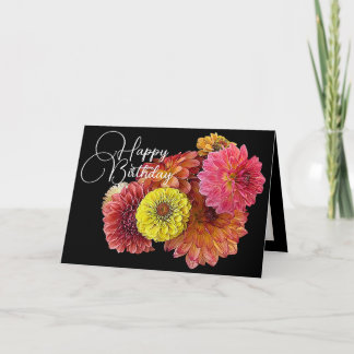 Tarjeta Dalias naranjas rosadas Zinnias amarillas Cumpleañ
