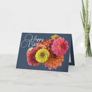 Tarjeta Dalias Rosa Naranja Zinnias Amarillas Cumpleaños F