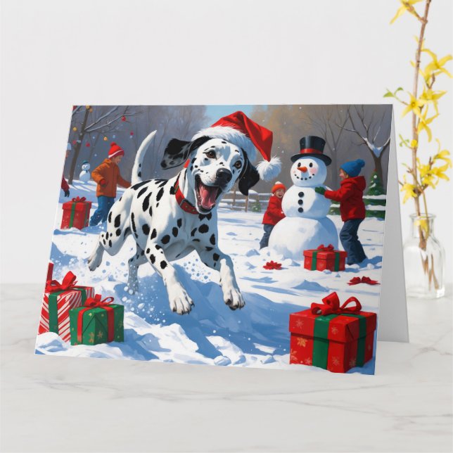 Tarjeta Dalmacia corre en Nieve con Gorra Navidad (flor amarilla)