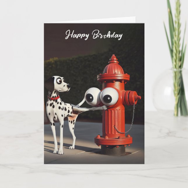 Tarjeta Dalmación de cumpleaños e hidrante de fuego rojo (Anverso)