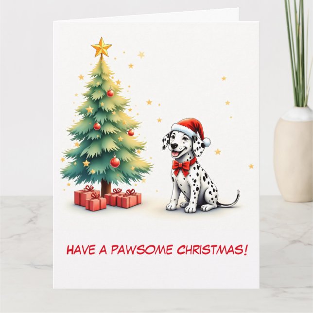 Tarjeta Dalmación ilustrada y árbol de Navidad (Anverso)