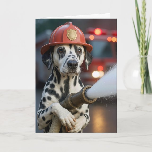 Tarjeta Dálmata de cumpleaños sosteniendo una manguera con (Anverso)