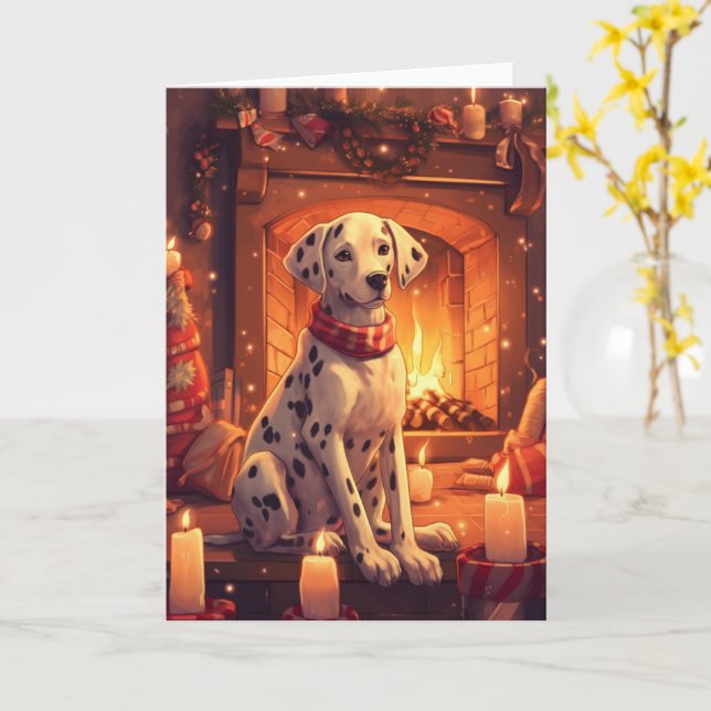 Tarjeta Dálmata junto a la chimenea de Navidad con galleta (flor amarilla)