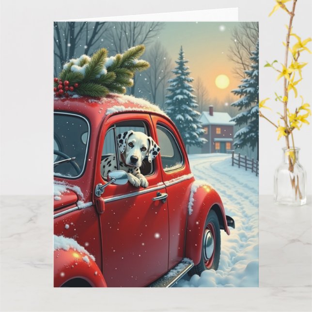Tarjeta Dalmatian Snowy Car Ride Christmas Painting (flor amarilla)