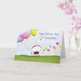 Tarjeta Dama Bug adorable con globos de corazón coloridos