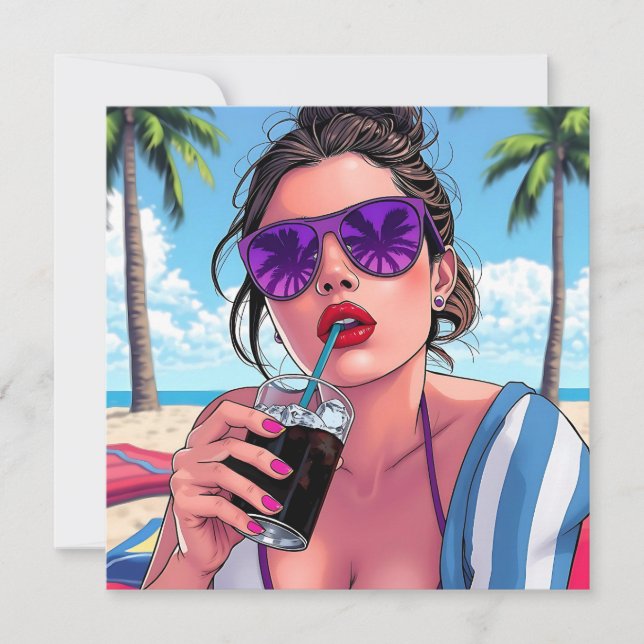 Tarjeta Dama de bonito en Beach Pop Art Blank (Anverso)