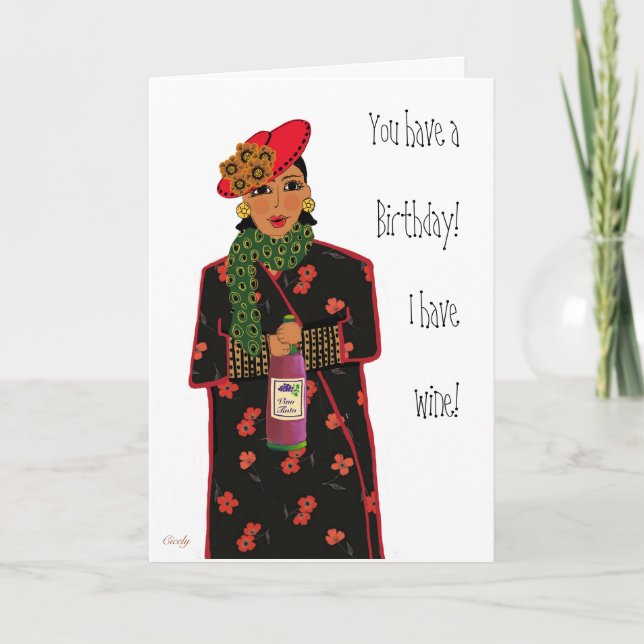 Tarjeta Dama de cumpleaños con vino (Anverso)