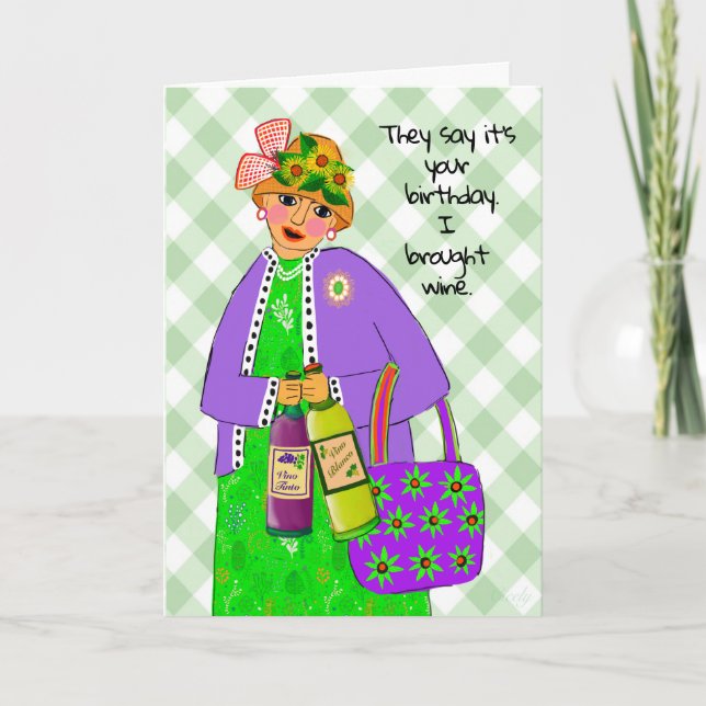 Tarjeta Dama de cumpleaños vestida como la Reina trae vino (Anverso)