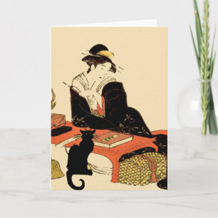 Tarjeta Dama de gato negro japonesa, agregar texto, tarjet