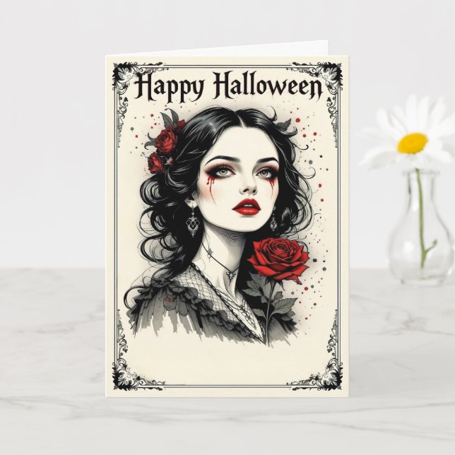 Tarjeta Dama de Halloween gótica victoriana con rosa roja (Planta pequeña)