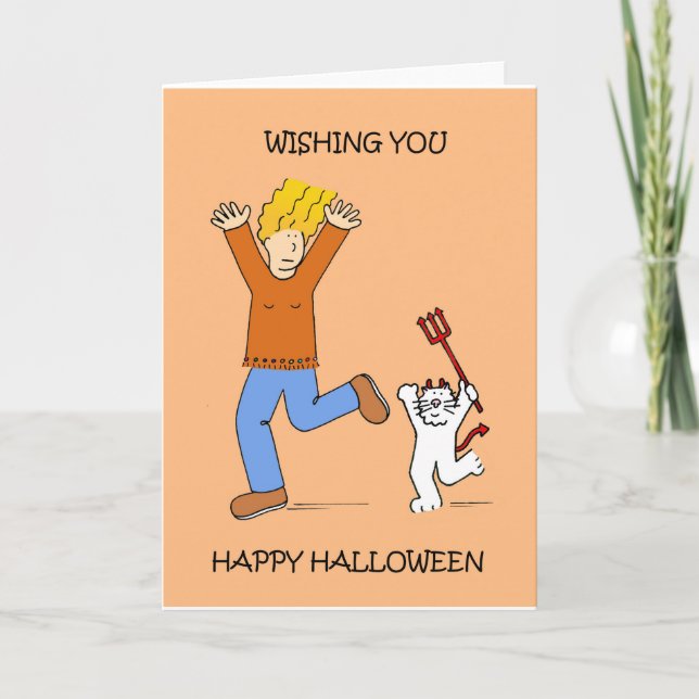 Tarjeta Dama de Halloween y gato blanco disfrazado (Anverso)