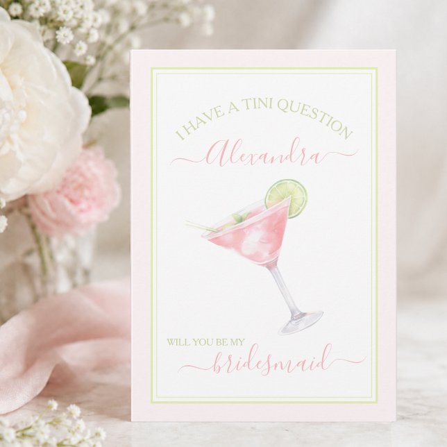 Tarjeta Dama de honor elegante de Pink Martini (elegant modern watercolor pink martini bridesmaid proposal card with custom bridesmaid name)