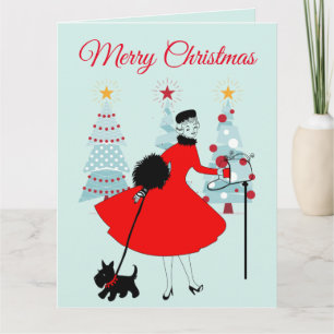 Tarjeta Dama de Navidad Vintage 1950 con Terrier Escocés