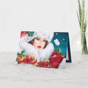 Tarjeta Dama de Navidad vintage retro Art Deco