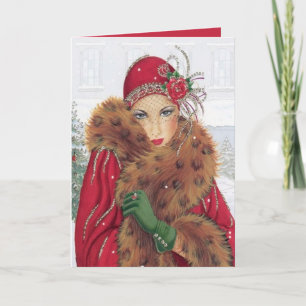 Tarjeta Dama de Navidad vintage retro Art Deco 