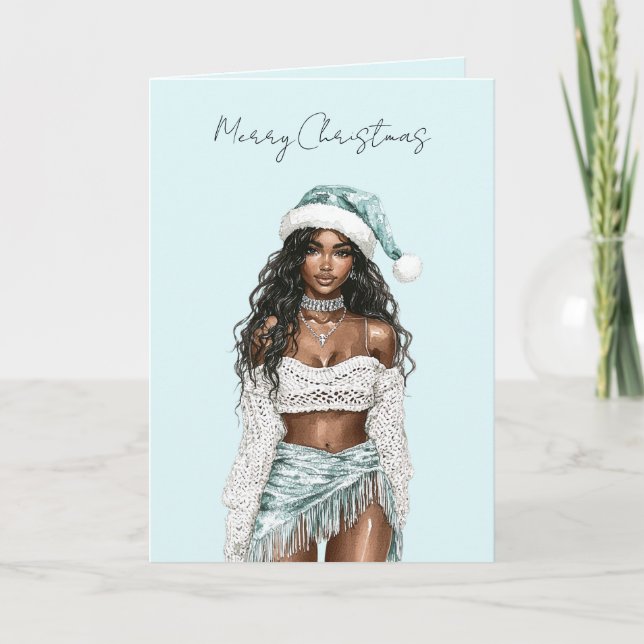 Tarjeta Dama de pelo negro de Navidad de playa (Anverso)