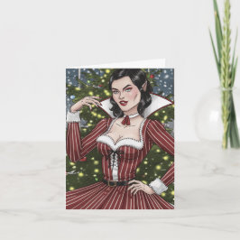 Tarjeta Dama de vampiros con ropa roja y Navidades a rayas