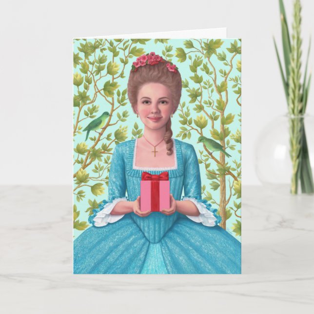 Tarjeta "Dama del siglo XVIII sosteniendo un regalo." Tarj (Anverso)