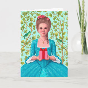 Tarjeta "Dama del siglo XVIII sosteniendo un regalo." Tarj