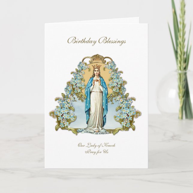 Tarjeta Dama irlandesa de Knock Virgin Mary Blue Floral (Anverso)