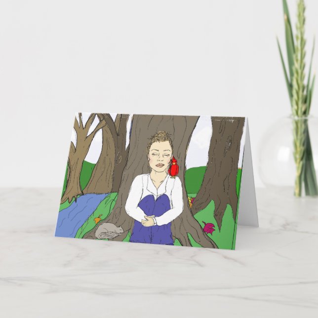 Tarjeta Dama meditando en el bosque junto a un árbol (Anverso)