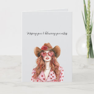 Tarjeta Dama vaquera pelirroja gris beso al aire