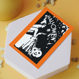 Tarjeta Dama vintage de Halloween con máscara Jack-O’-Lan