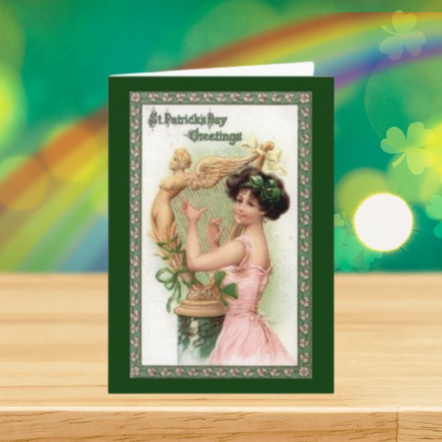 Tarjeta Dama y arpa del Día de San Patricio (Vintage St. Patrick's Day Lady and Harp Card)